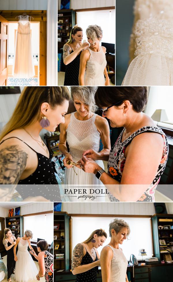 Collage of candid wedding photography of bride getting ready
