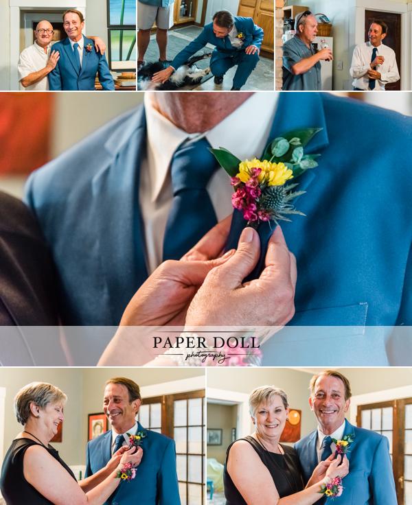 Collage of candid wedding photography of groom getting ready