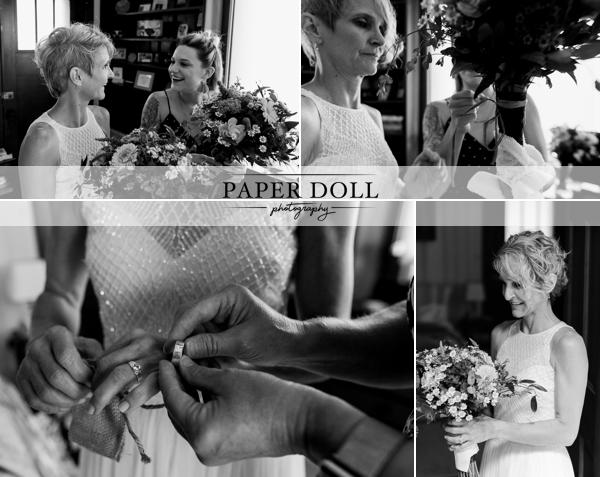Collage of black and white candid wedding photography of bride getting ready