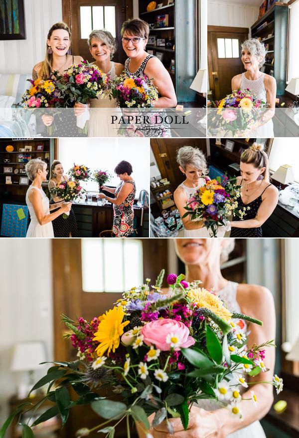 Collage of candid photos of bride with her brightly colored wedding bouquet
