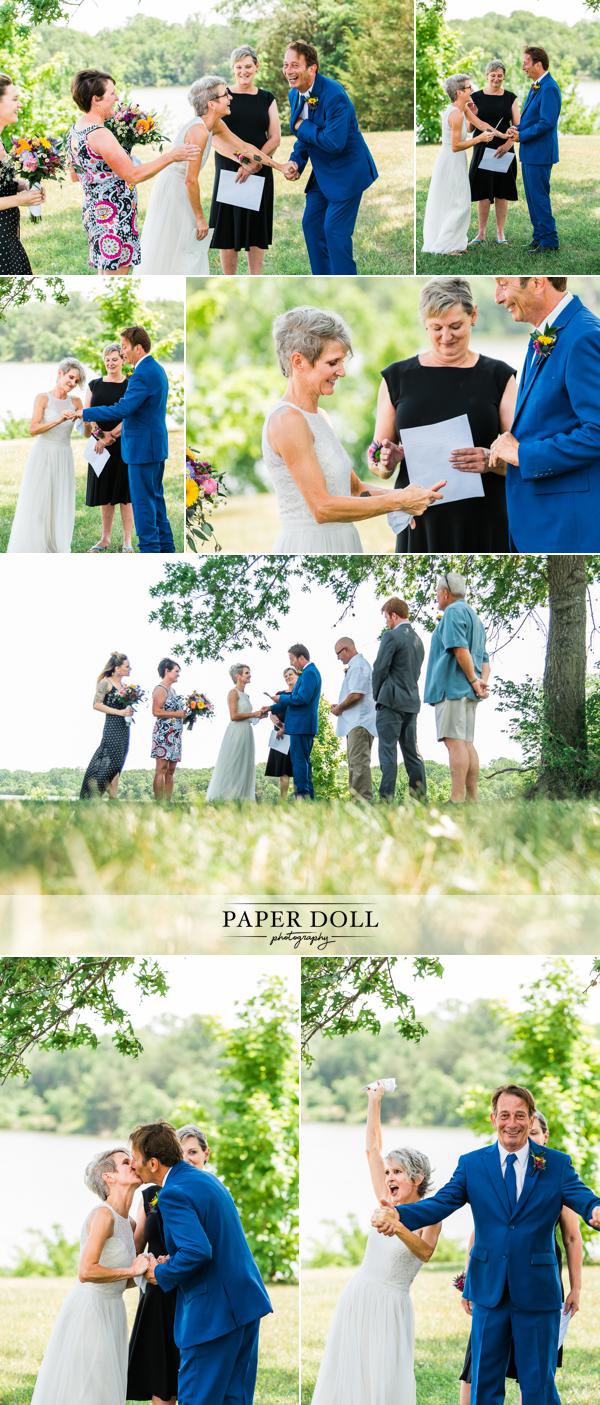 Collage of candid wedding photography of exchanging rings and wedding vows