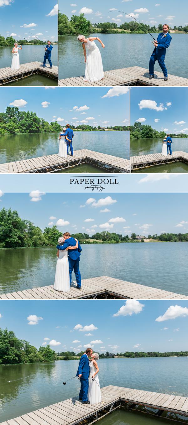 Collage of wedding photos of couple on a sunny dock on a lake