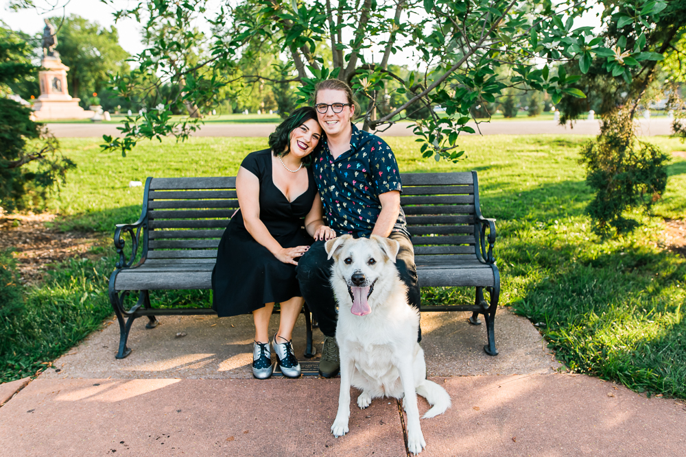 Couple's engagement session with their dog in Tower Grove Park in St. Louis